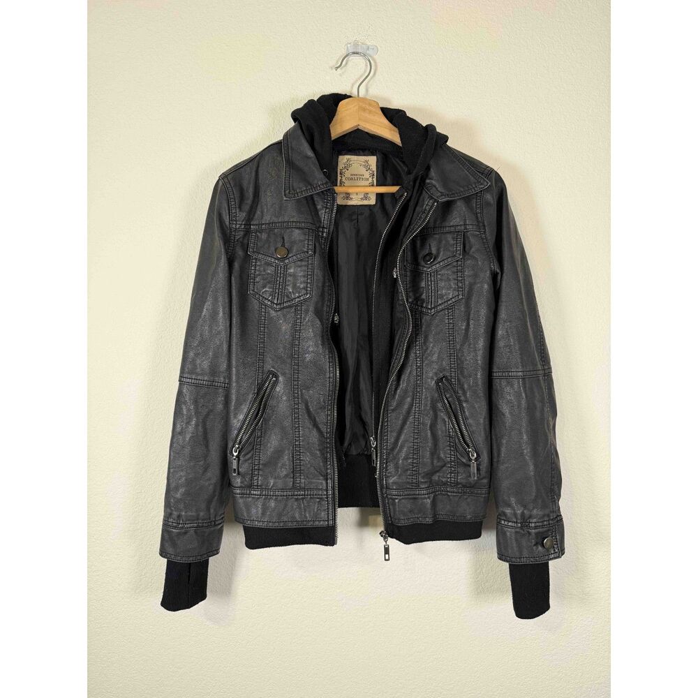 Downtown Coalition Faux Leather Hooded Moto Jacket Small Black Y2K Grunge Goth